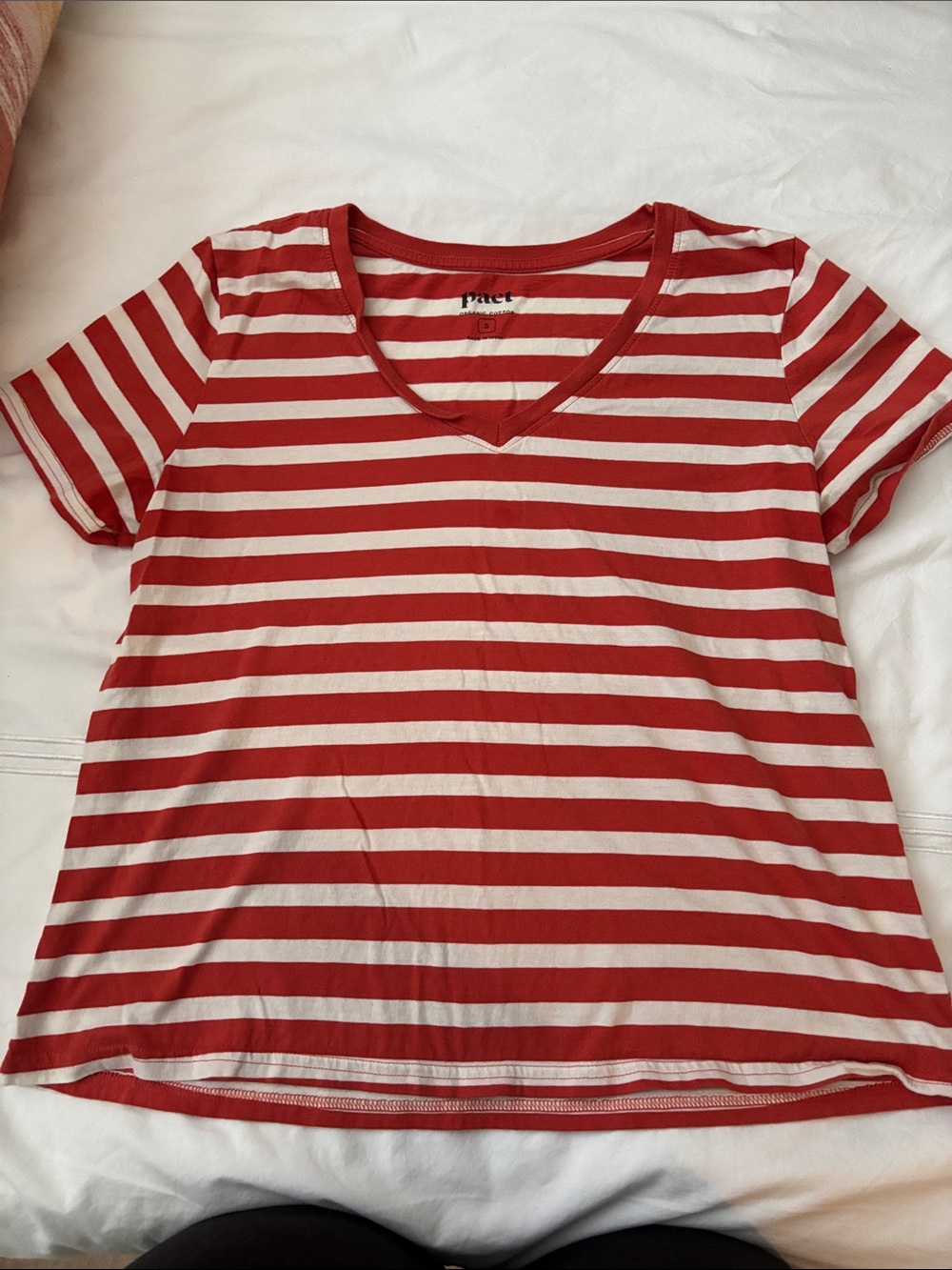 Pact Women’s Red and White Striped V-Neck Tee